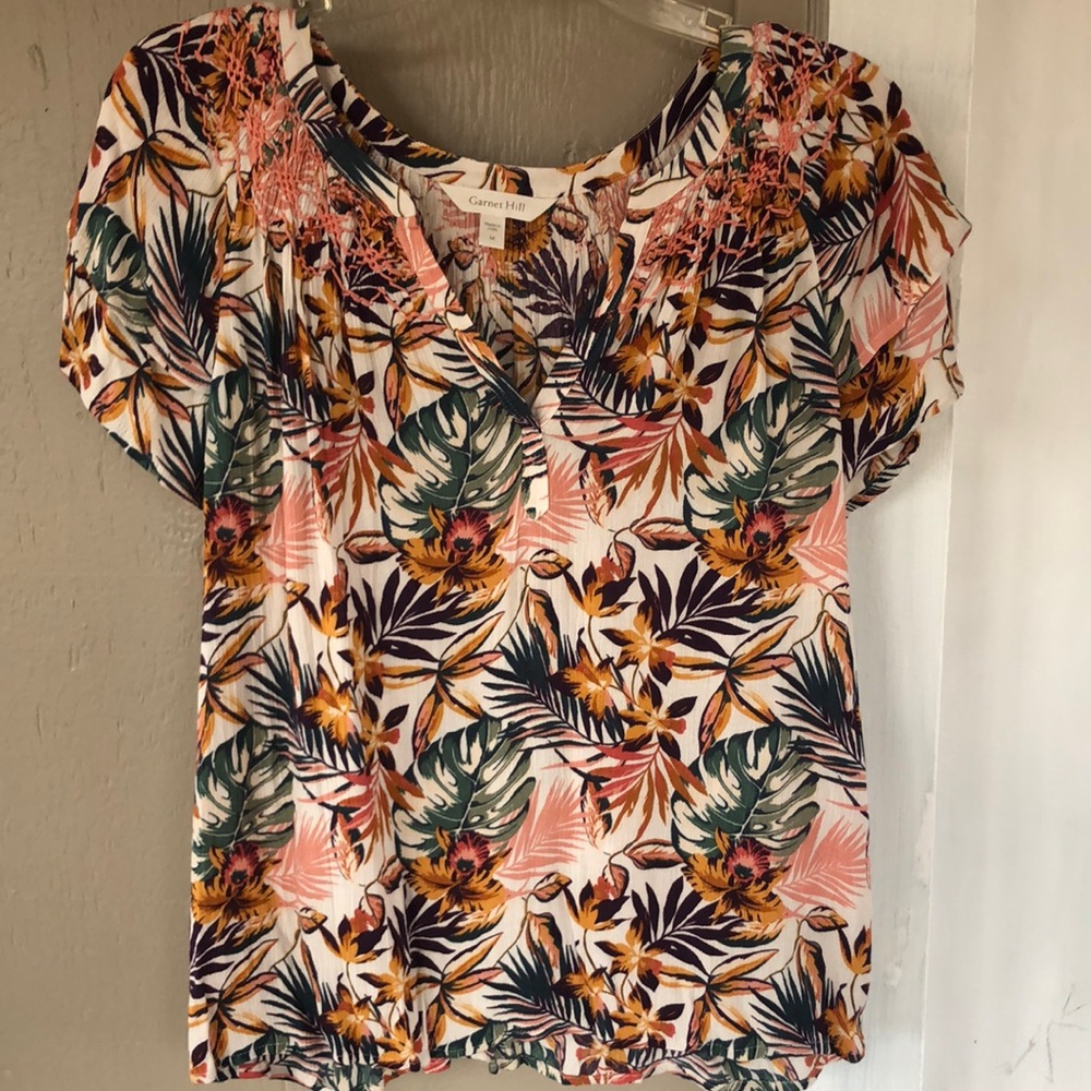 Garnet Hill Floral Tropical Embroidered Flutter Sleeve Shirt Top Womens Size M